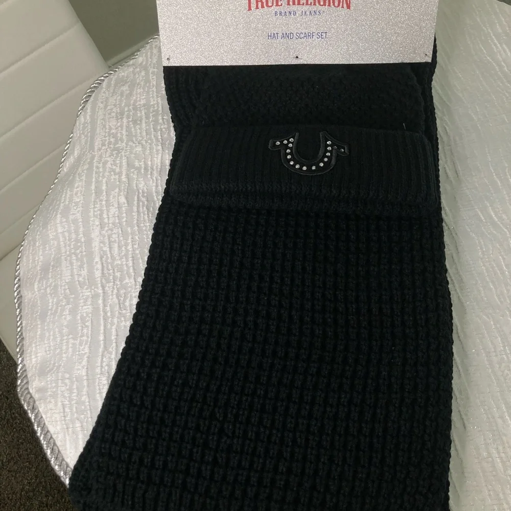 True Religion Black Knit Logo Beanie & Scarf Set One Size